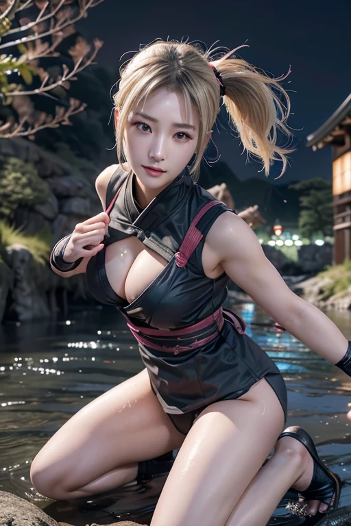 Highest quality,Ultra HD,Best AI Images, Full body photo,(beautiful face like a Japanese actress), ((Blonde 1.2)),((Sweaty)),Very detailed vfx portrait of, Female Ninja, Japanese kunoichi, cgsociety and Zhong Feng Hua, Covert behavior, Female Ninja, ((Scene of fighting with a short sword)),Scene of fighting with a short sword1.3,Portrait of a Japan woman, , Trending on deviantart, ((Gray short ninja costume 1.5)),((sexy kunoichi,Big Breasts)), Japanese spy, 3D Rendering, (Beautiful Face 1.5), Key Visual, Vibrant, (((Background of the river at night 1.5))), Very detailed, growing up,
