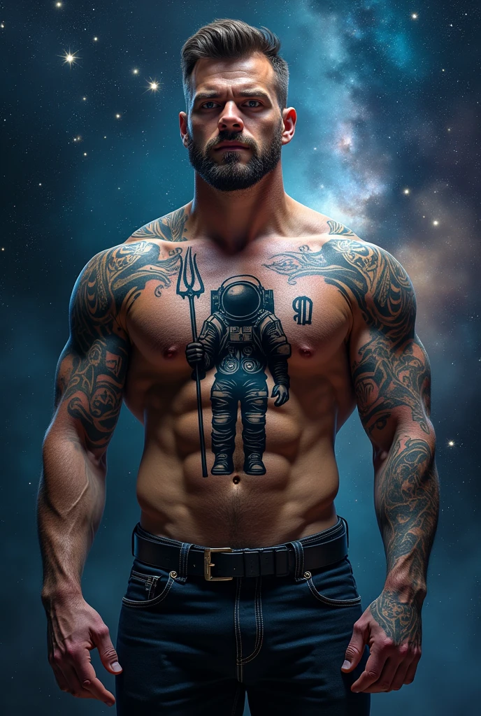 a tattoo on a man's chest of the silhouette of an astronaut holding a trident 
