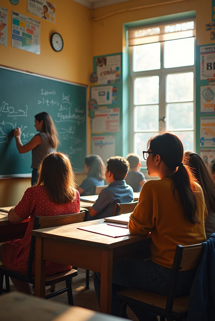 Many students in classroom two students talking sit on banch teacher writing on the black bord