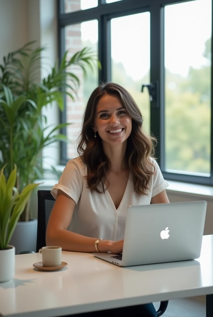 A brunette woman, medium wavy hair, slim, sitting at a desk in an office with a macbook looking at the camera and smiling