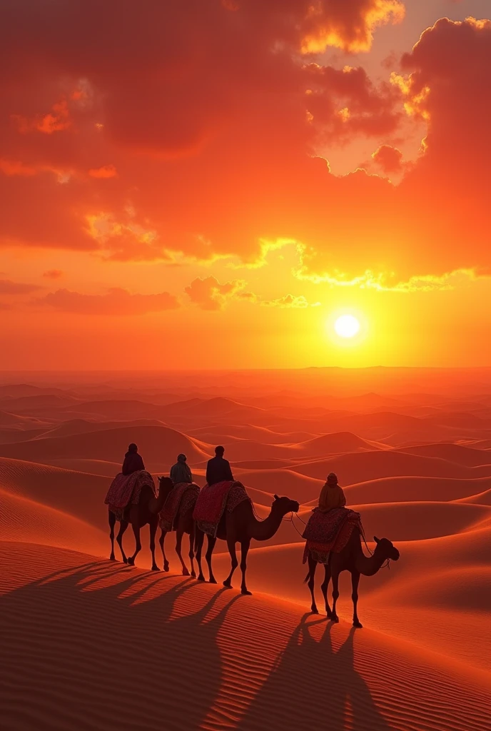 A vibrant red sunset over the sand desert, and silhouetted against the light, a caravan of nomads on camels.