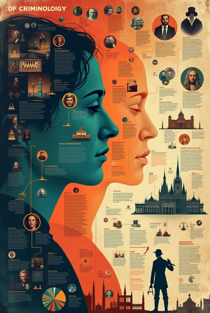 You can create a visually engaging and informative poster about the history of criminology by incorporating the following elements:

1. **Timeline Illustration:** Design a timeline that spans from ancient legal codes to modern theories in criminology. Include key dates, events, and figures along the timeline to showcase the evolution of the field.

2. **Historical Figures:** Feature portraits or silhouettes of prominent criminologists such as Cesare Beccaria, Jeremy Bentham, Émile Durkheim, and Cesare Lombroso. Add brief descriptions of their contributions to criminology.

3. **Schools of Thought:** Highlight the Classical School and the Positivist School with visual representations of their key principles. Use symbols like scales of justice and brain scans to differentiate between the two approaches.

4. **Key Theories:** Include graphics or symbols representing important criminological theories such as Strain Theory, Social Control Theory, Labeling Theory, and Rational Choice Theory. Briefly explain each theory for viewers to understand.

5. **Historical Context:** Incorporate images or symbols reflecting the historical context in which criminology developed, such as illustrations of ancient civilizations, Enlightenment ideals, and societal changes influencing crime.

6. **Impact on Society:** Illustrate the practical applications of criminology in society, such as crime prevention programs, criminal justice reforms, and the role of criminologists in shaping policies and interventions.

7. **Interdisciplinary Connections:** Showcase the interdisciplinary nature of criminology by visually connecting fields like sociology, psychology, law, and biology to demonstrate how diverse disciplines contribute to understanding crime.

By combining these elements in a visually appealing and informative manner, your poster can effectively communicate the rich history and significance of criminology as a field of study and practice.