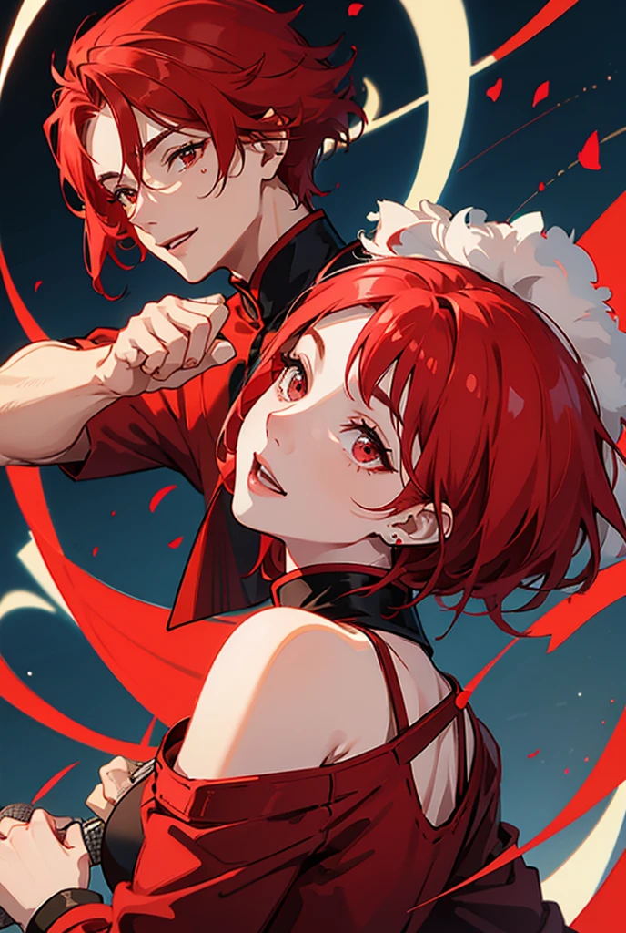 One man　singer　microphone　Red hair　Short Hair　smile, Red eyes, Red crown、Red and black clothes