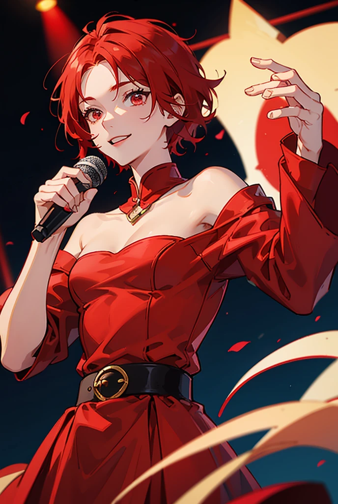 One man singer microphone Red hair Short Hair smile, Red eyes, Red crown、Red and black clothes