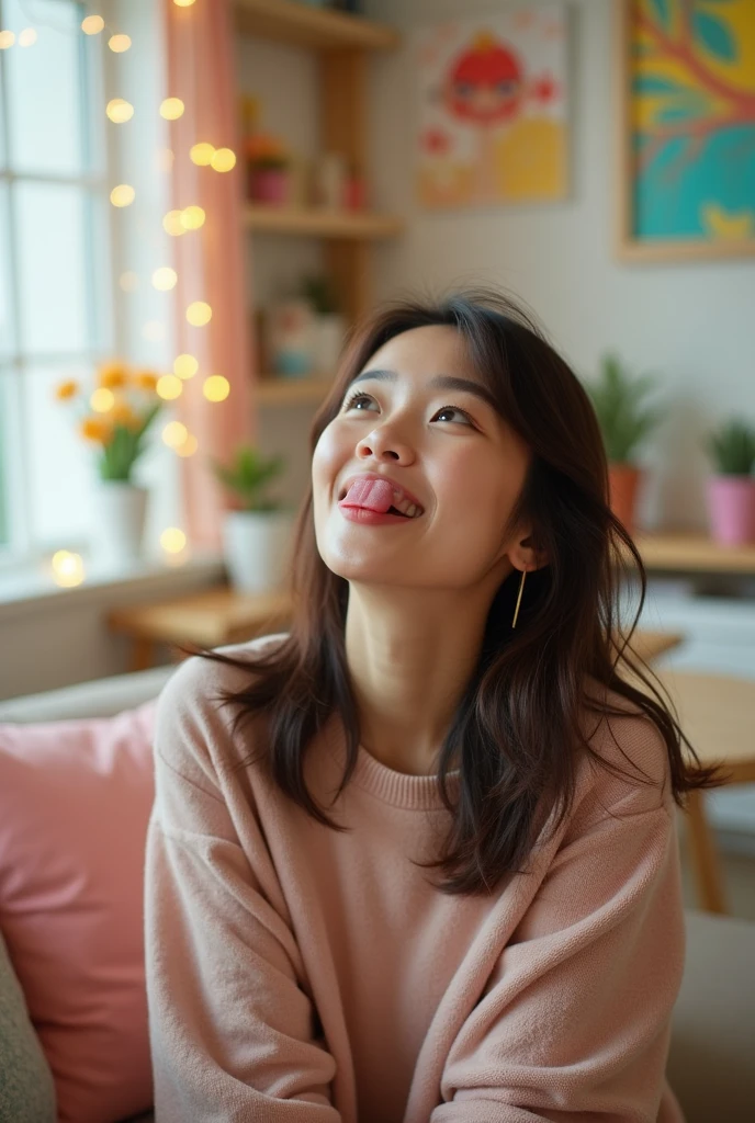 Asian Woman Sticking out their tongue and blushing Looking up indoor