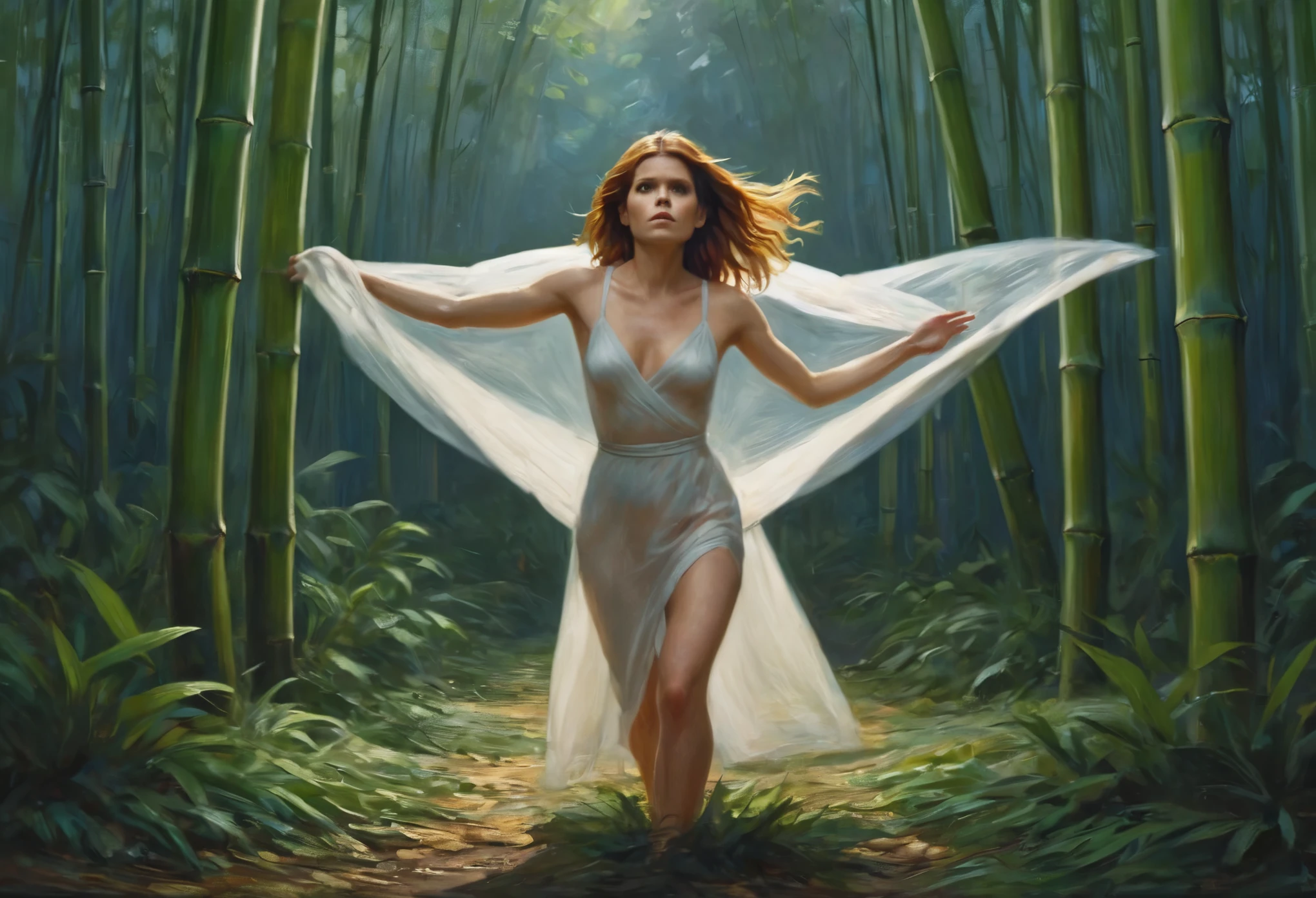Bamboo forest, a confused and embarrassed  woman (Kate Mara, age 25, panicked, , covering herself as best she can with her hands and arms) is in a spotlight being cast down on her from a hovering UFO, assorted clothes float down from the UFO. flapping in the wind, night
