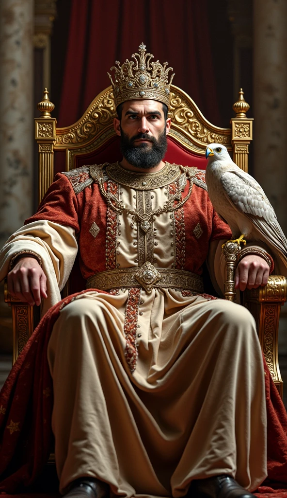 Imposing, strong, and handsome emperor with European features wearing a crown and holding a scepter sitting on a throne with a falcon. 