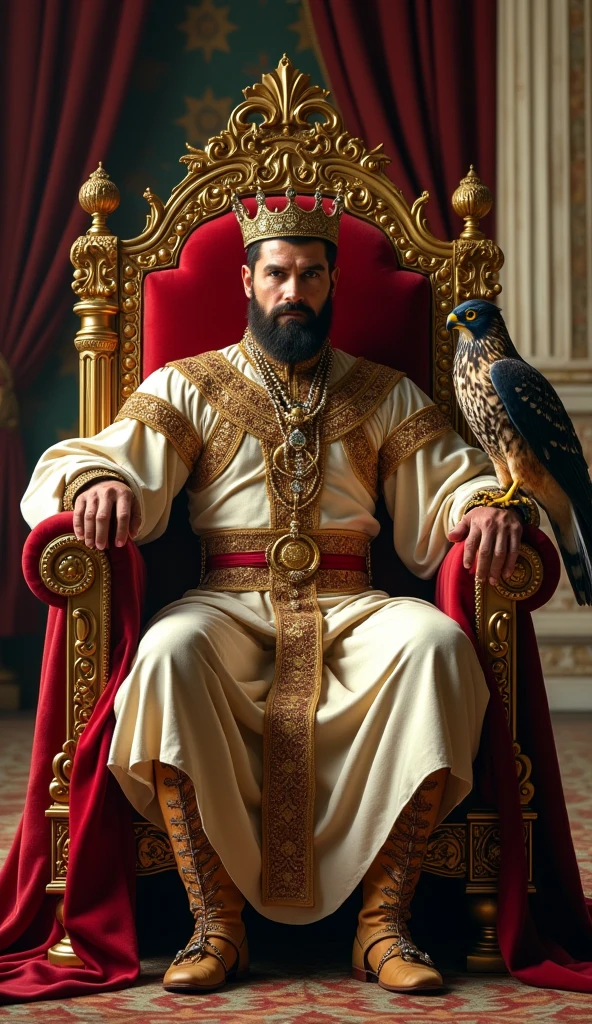 Imposing, strong, and handsome emperor with European features wearing a crown and holding a scepter sitting on a throne with a falcon.
