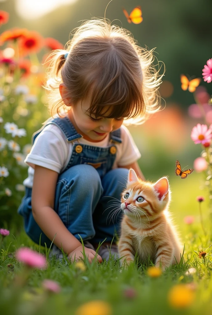A small girl find A yellow hair small derty cat
