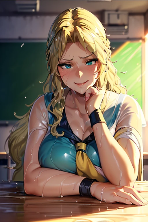 ((((A face full of worry,Depiction of sticking out the tongue clearly)))) ((woman,Huge breasts,Are fat,very red lips,Capture expressions,Close-up of face,Green Eyes)) (((A floppy smile,What we are looking for,Face mischievous face:1.7))) 8k((((Anime Style),(The facial expression is good))))8k(((((Anime Style)Green Eyes))) Masterpiece (woman,The facial expression is accurate,Anime Style顔,greenish blue eyes ) Group ((((Location: School classroom)))) ((((Capture expressions)))) 8k((((high school girl)))) 8k(((((Wet))))) ((Staring at me)) 8k(((((Wavy blonde hair)))))Emphasize the breasts and depict the facial expression well