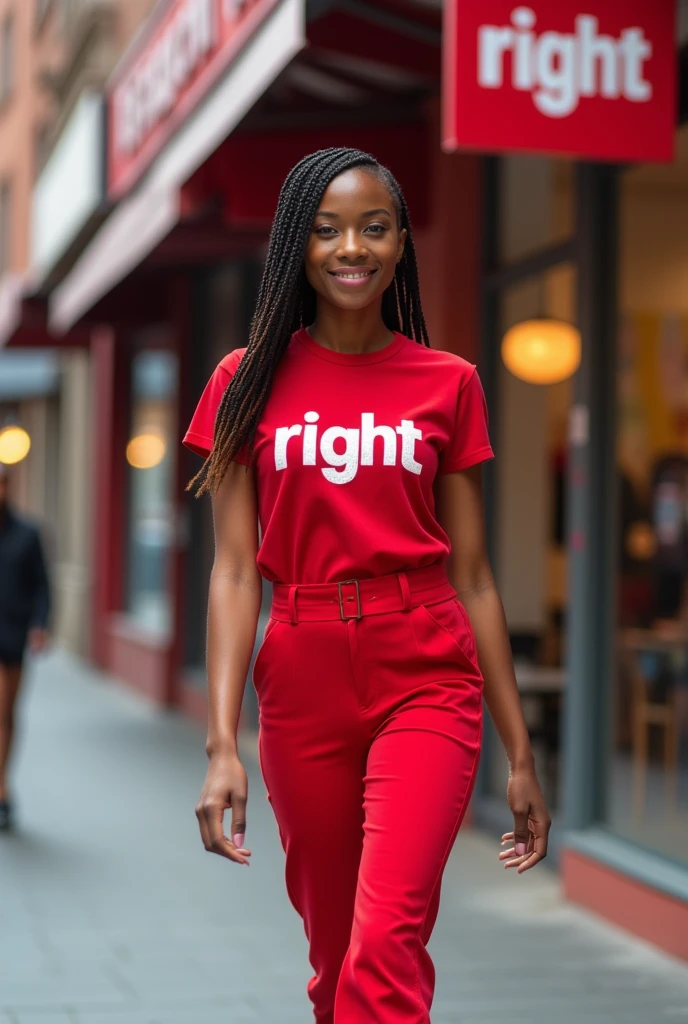 

Uma jovem negra clara de 18 anos caminha pela calçada em frente a umthe store chamada "right Fashion". Her hair is braided in an elegant and stylish way. She is wearing a beautiful red ensemble consisting of a shirt and pants. The shirt says the name "right" in highlighted letters. The pants also have the same name "right" embroidered, which perfectly matches the top.

The girl has a natural beauty and a confident posture. She is a little tall, but her height only accentuates her grace and elegance. Her face is lit up by a radiant smile, giving the impression that she feels comfortable and at ease in her outfit.

Ao fundo, the store "right Fashion" it stands out with its eye-catching and attractive facade. Parece ser umthe store de moda que oferece opções de estilo e qualidade, probably reflecting the tastes and personality of the young customer.