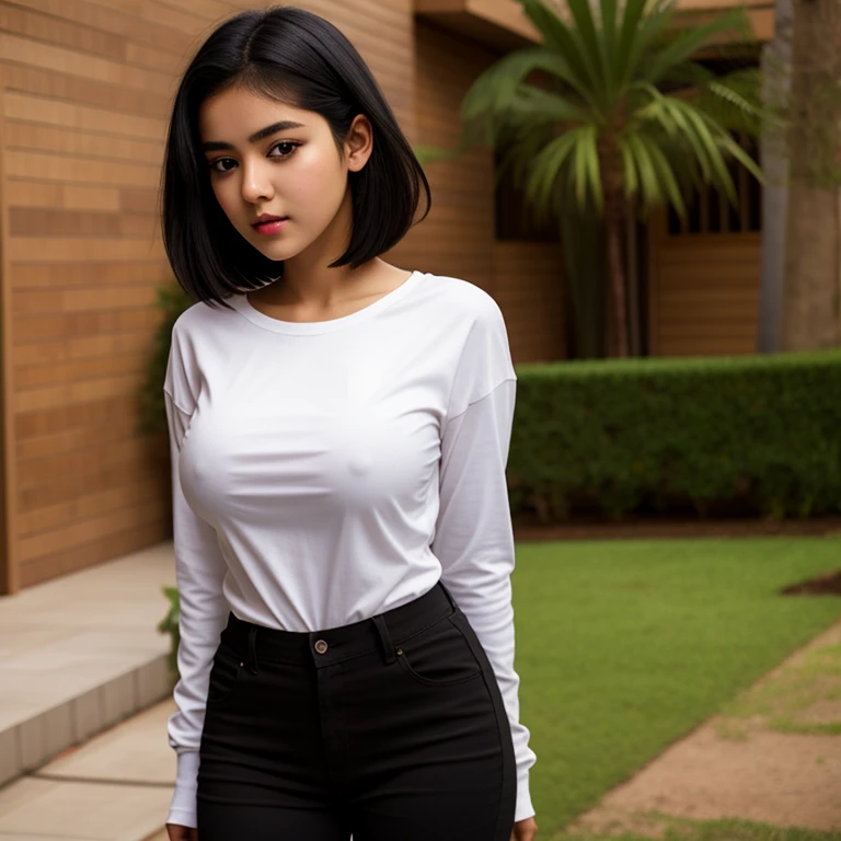 Full body photo, beautiful detailed, cute face, short, slim Guanajuato , short black hair, black hair over one eye, long sleeve T-shirt, long pants, solo, voluptuous breasts,
