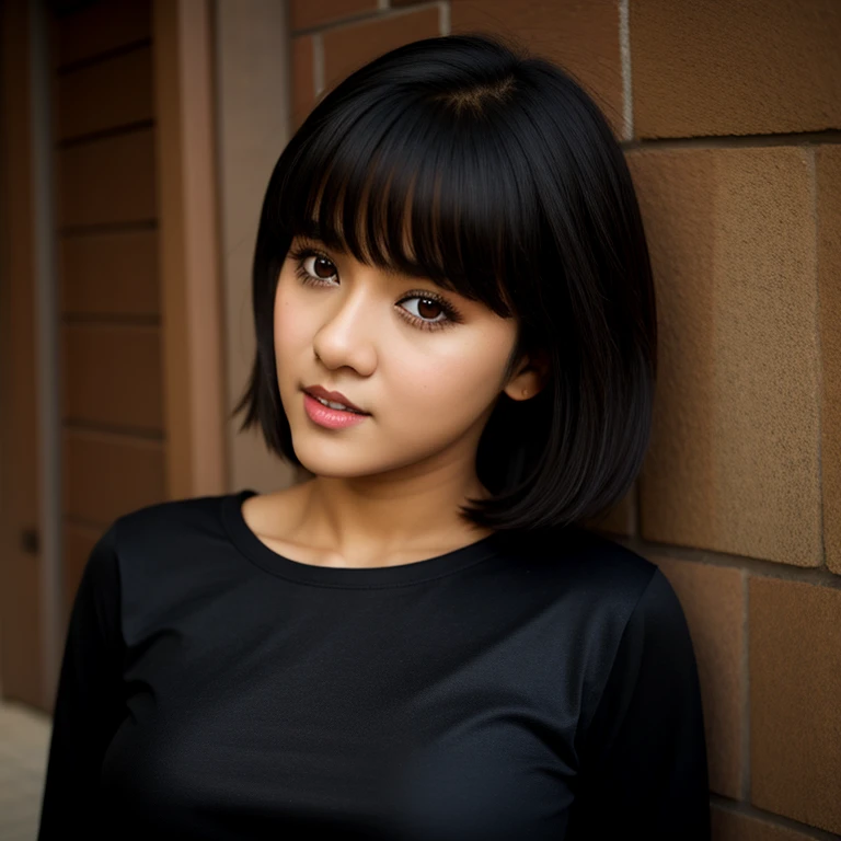 Full body photo, beautiful detailed, cute face, short, slim Guanajuato , short black hair, black hair over one eye, long sleeve T-shirt, long pants, solo, voluptuous breasts,