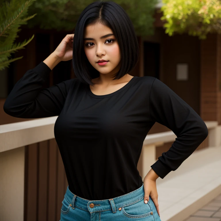 Full body photo, beautiful detailed, cute face, short, slim Guanajuato teen, short black hair, black hair over one eye, long sleeve T-shirt, long pants, solo, voluptuous breasts,