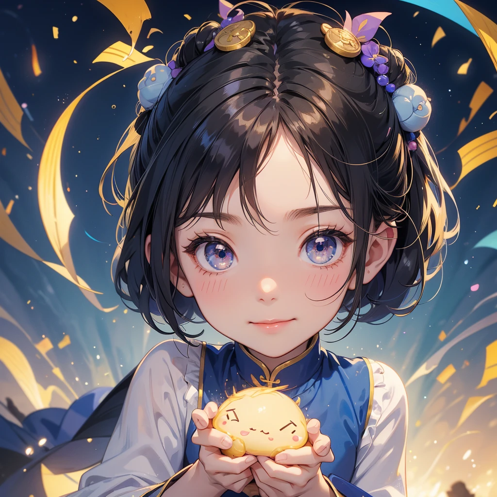 A chibi child girl had a small face and Wearing a blue little Taoist priest's outfit. A pair of big round eyes shone with curiosity about him. This child was so cute!, Burning joss paper and gold paper for the departed spirits in front of the house, raindrops are falling down, her hair is black with two buns on her hair.small chibi, chibi baby, smiling.

The little chibi baby looked up with his chest raised, and his face was old and proud.
 
