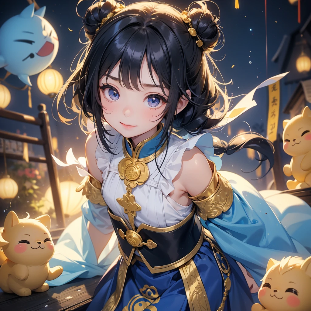 A chibi child girl had a small face and Wearing a blue little Taoist priest's outfit. A pair of big round eyes shone with curiosity about him. This child was so cute!, Burning joss paper and gold paper for the departed spirits in front of the house, raindrops are falling down, her hair is black with two buns on her hair.small chibi, chibi baby, smiling.

The little chibi baby looked up with his chest raised, and his face was old and proud.
 
