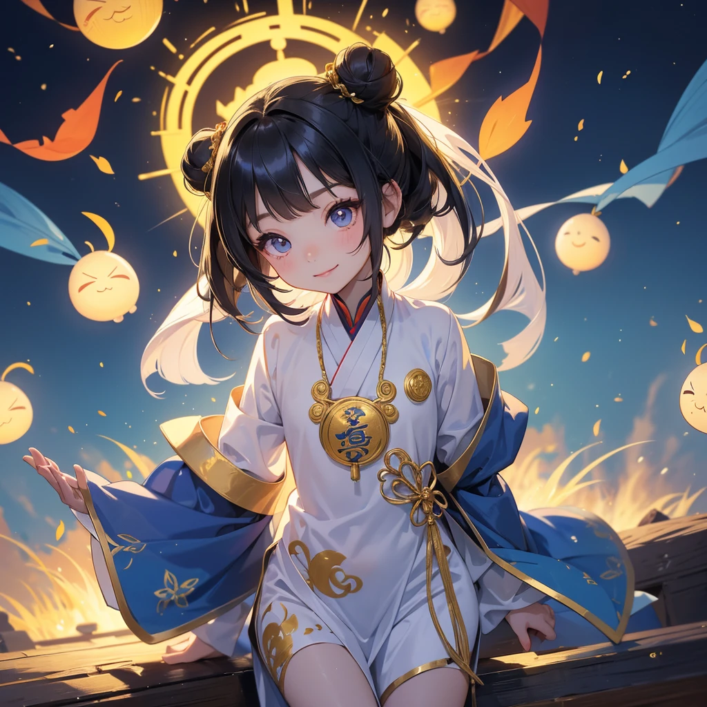 A chibi child girl had a small face and Wearing a blue little Taoist priest's outfit. A pair of big round eyes shone with curiosity about him. This child was so cute!, Burning joss paper and gold paper for the departed spirits in front of the house, raindrops are falling down, her hair is black with two buns on her hair.small chibi, chibi baby, smiling.
The little chibi baby looked up with his chest raised, and his face was old and proud.