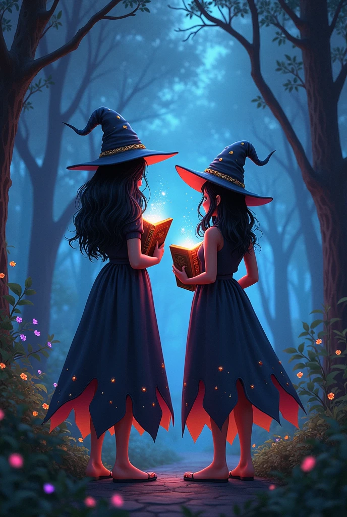 Make me two friends with their backs to me, each reading a book, Let the books be seen, one with shoulder-length wavy hair and the other with medium, straight hair, the two with black hair and dress them like witches without hats , and that the books radiate light, Disney and magical style books, that their faces are not seen