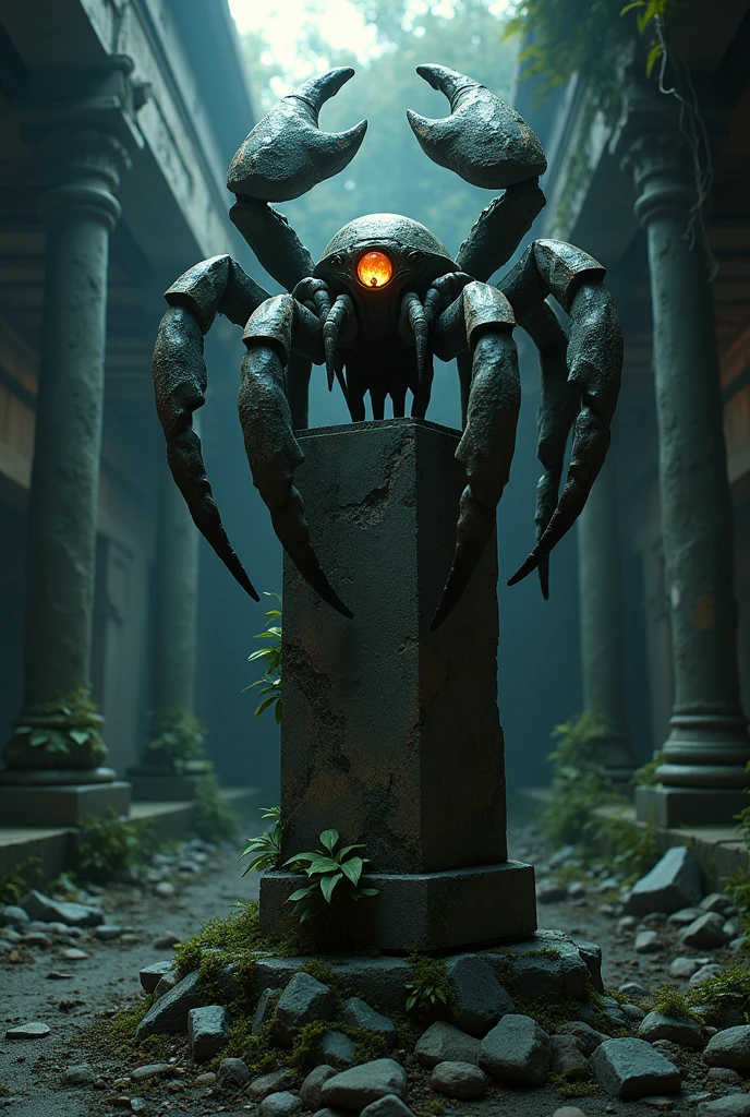 An ancient spider/crab statue in a pillar. It has only one eye, a human eye. It is made entirely of stone. It is dark.