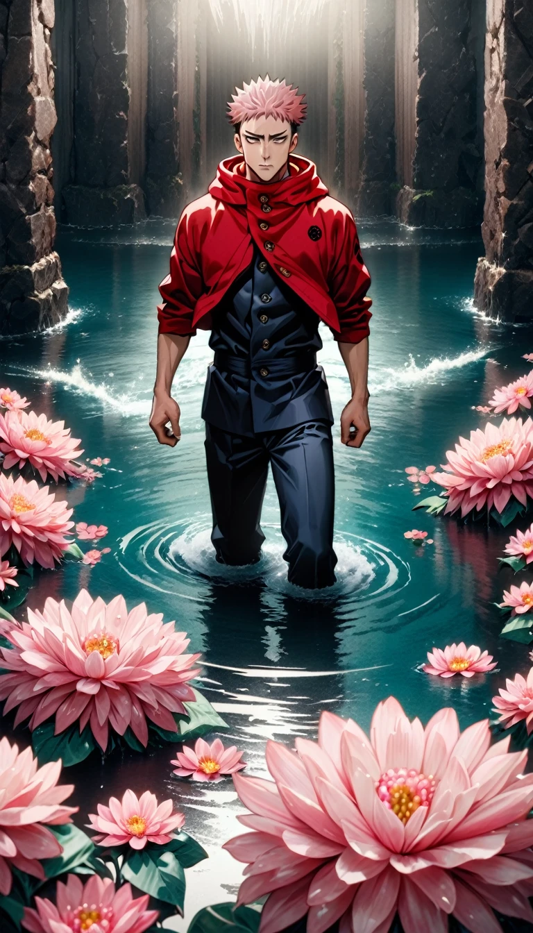 Absurd, High resolution, Super detailed, High resolution, masterpiece, Highest quality, Itadori Yuuji, Pink Hair, expressive brown eyes, JUJUTSU KAİSEN, alone, Sexy man, good looking, Jiu Jitsu Uniform, Red hoodie, Fantasy, The Shining, water, Pink Flower, Pink Flower, Pink Flowerびら