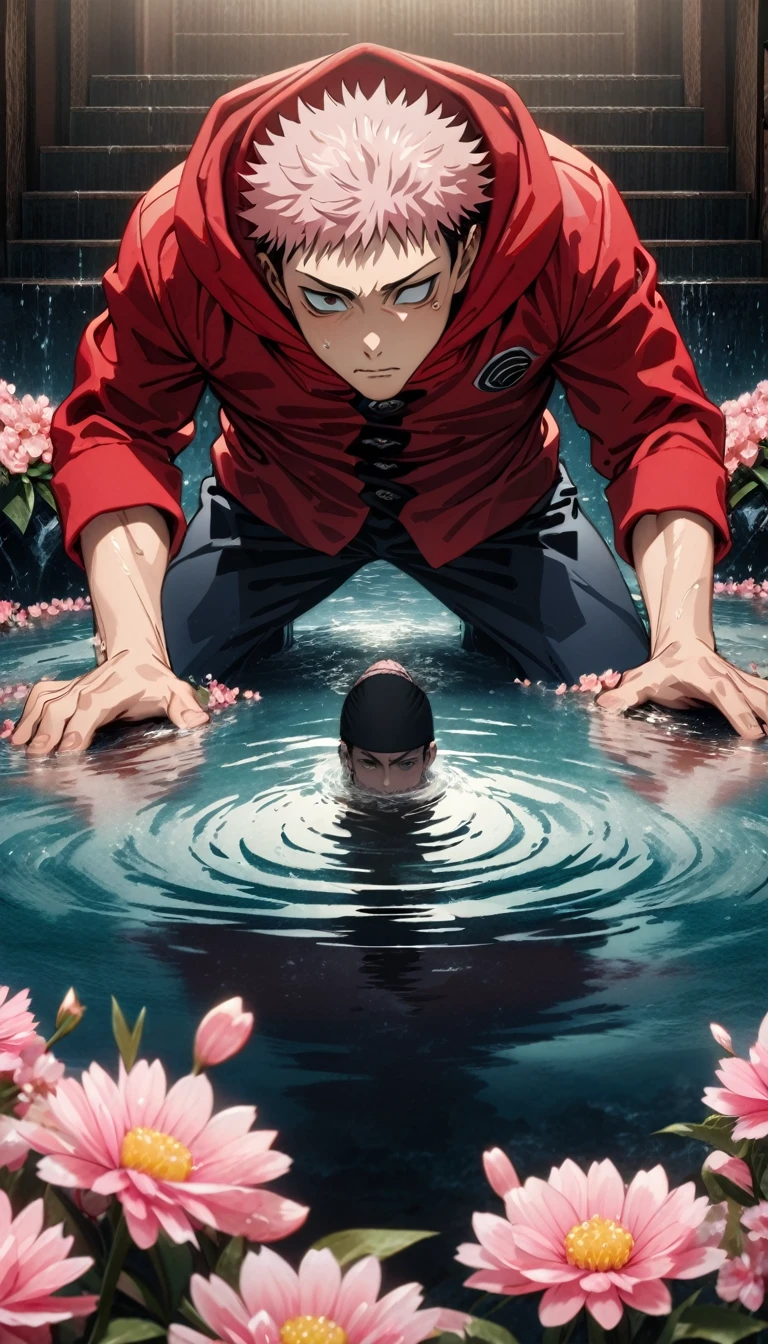 Absurd, High resolution, Super detailed, High resolution, masterpiece, Highest quality, Itadori Yuuji, Pink Hair, expressive brown eyes, JUJUTSU KAİSEN, alone, Sexy man, good looking, Jiu Jitsu Uniform, Red hoodie, Fantasy, The Shining, water, Pink Flower, Pink Flower, Pink Flowerびら