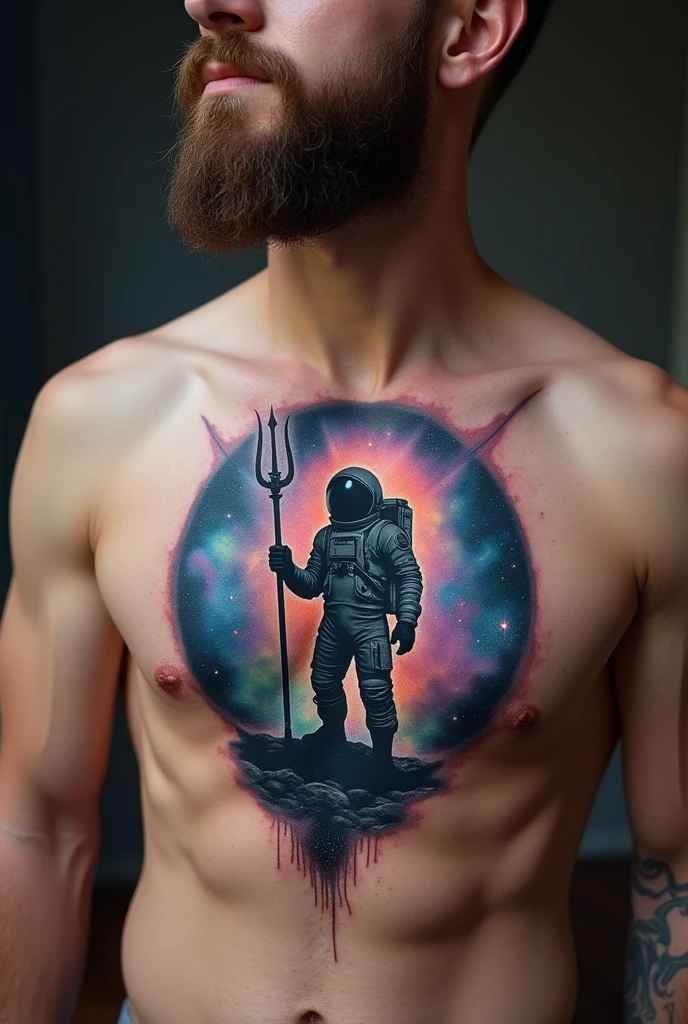 A tattoo on a man's pectoral of the silhouette of an astronaut holding a trident.