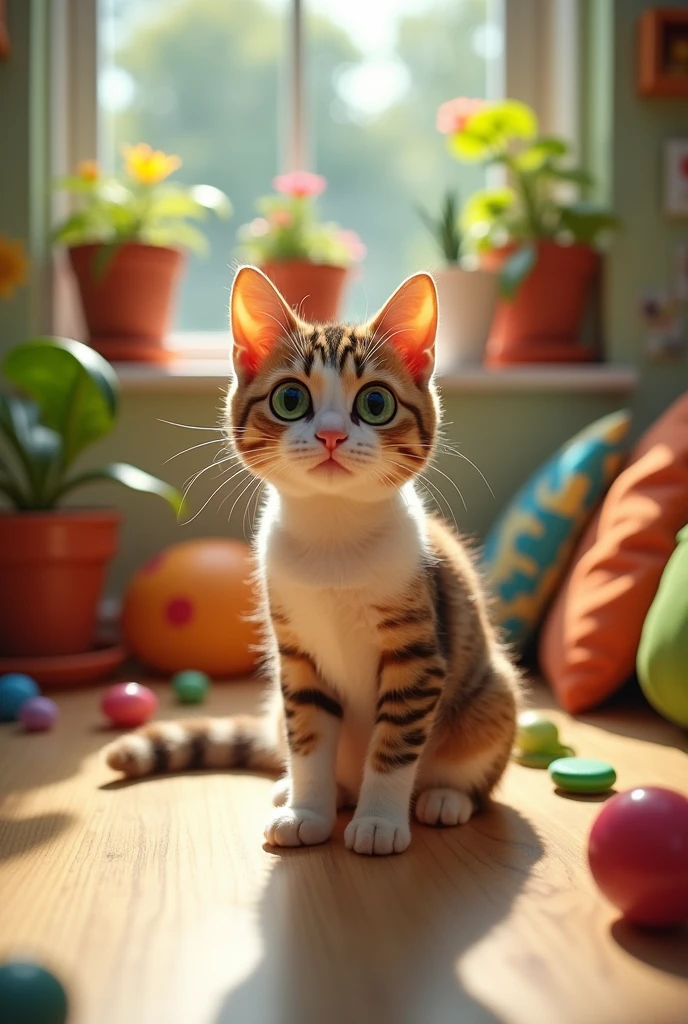 A cat with a buzz cut, brown and white