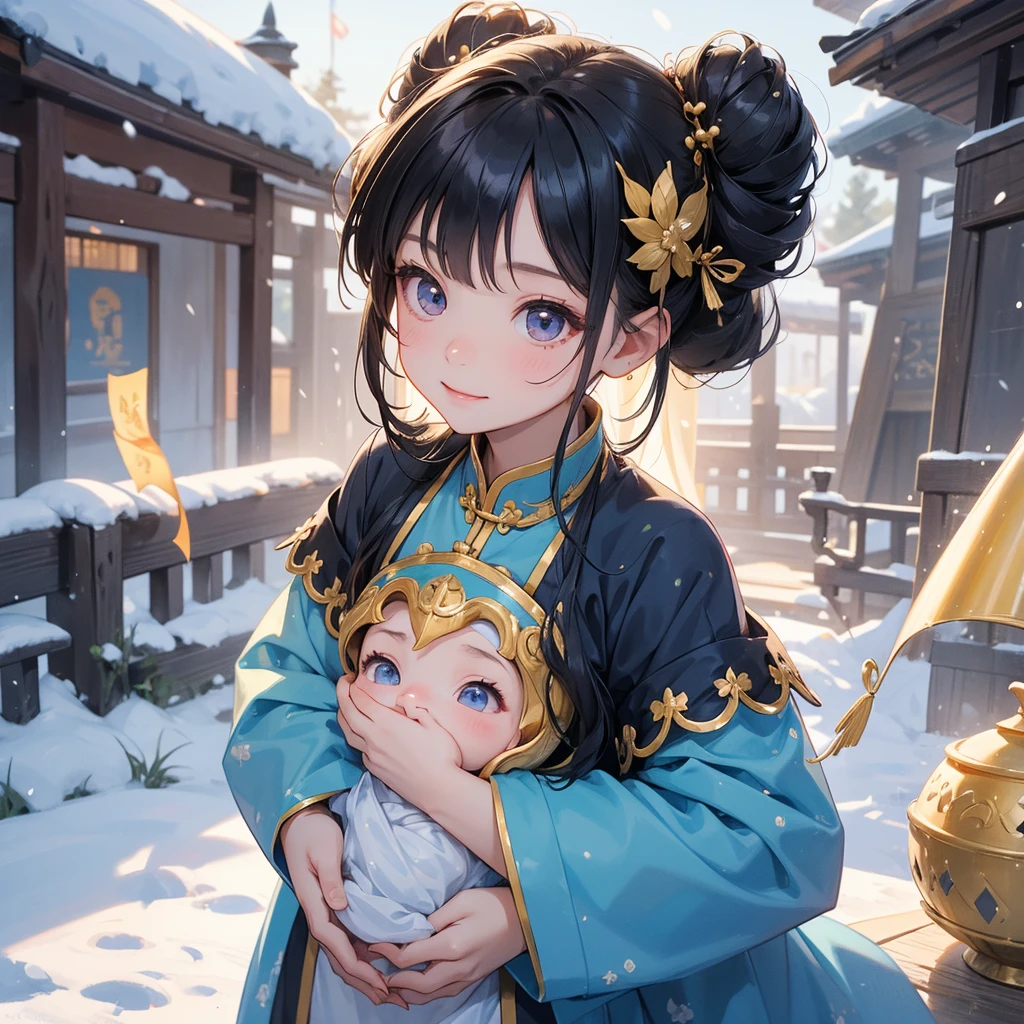 A chibi child girl had a small face and Wearing a blue little Taoist priest's outfit. A pair of big round eyes shone with curiosity about him. This child was so cute!, Burning joss paper and gold paper for the departed spirits in front of the house, raindrops are falling down, her hair is black with two buns on her hair.small chibi, chibi baby, smiling.

The little chibi baby looked up with his chest raised, and his face was old and proud.

Amidst the white snowy atmosphere, the snow is falling lightly, watching the snow fall one by one

 
