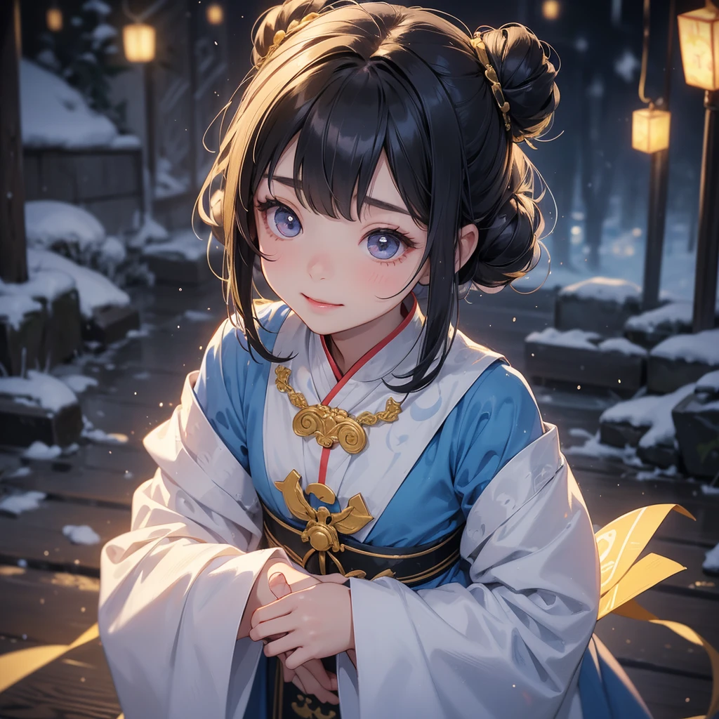 A chibi child girl had a small face and Wearing a blue little Taoist priest's outfit. A pair of big round eyes shone with curiosity about him. This child was so cute!, Burning joss paper and gold paper for the departed spirits in front of the house, raindrops are falling down, her hair is black with two buns on her hair.small chibi, chibi baby, smiling.
The little chibi baby looked up with his chest raised, and his face was old and proud.
Amidst the white snowy atmosphere, the snow is falling lightly, watching the snow fall one by one