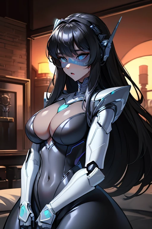 empty eyes,robotization,woman ,big bust,Robot Joint ,Metal skin,Black Suit,long hair,a black suit that covers the whole body