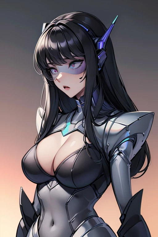 empty eyes,robotization,woman ,big bust,Robot Joint ,Metal skin,Black Suit,long hair,a black suit that covers the whole body