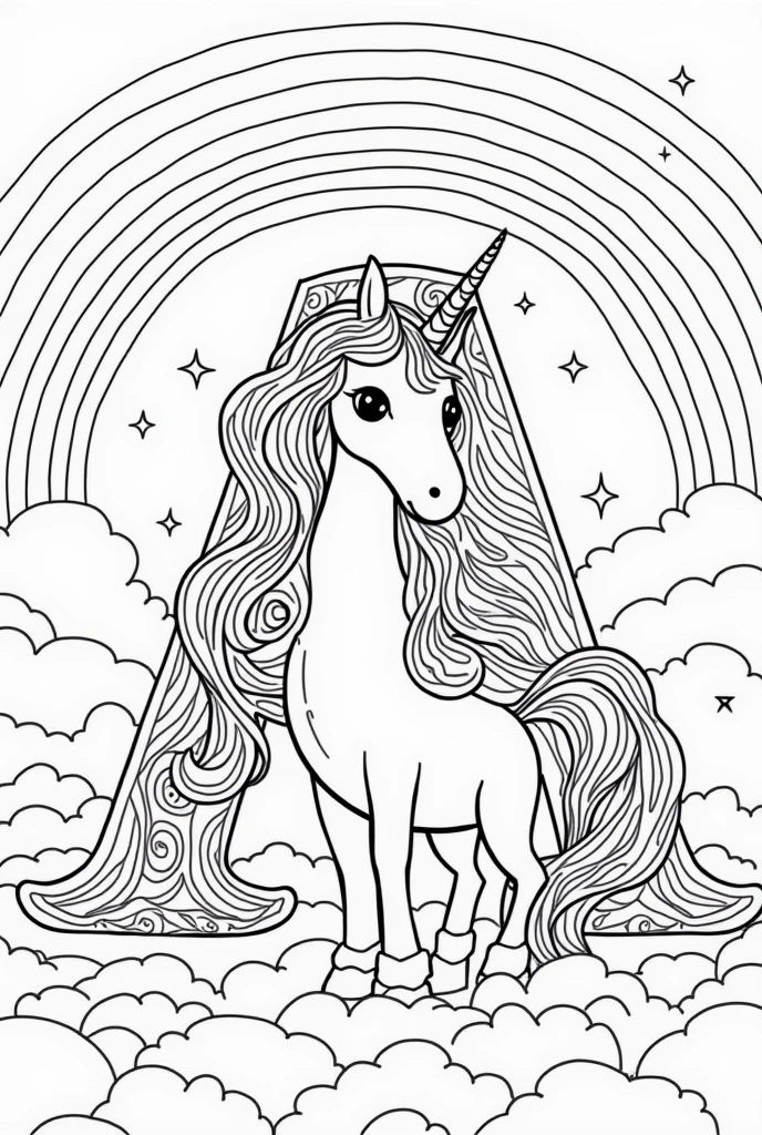 Rainbow with clouds unicorn in Adhara letter
For coloring