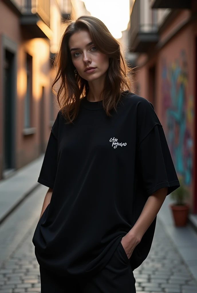 Black oversized shirt, with a white and minimalist logo but small on the left side