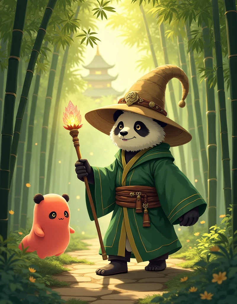 Studio Ghibli style, gentle panda mage walks through serene bamboo forest, sunlight dapples through tall slender stalks casting intricate shadows on the mossy cobblestone road, temple silhouettes in the distance, the panda wears ornate robe of earthy green, a worn straw hat, holding magic wooden staff with crystal lotus on top, floating red panda ghost with glowing amber eyes nearby.