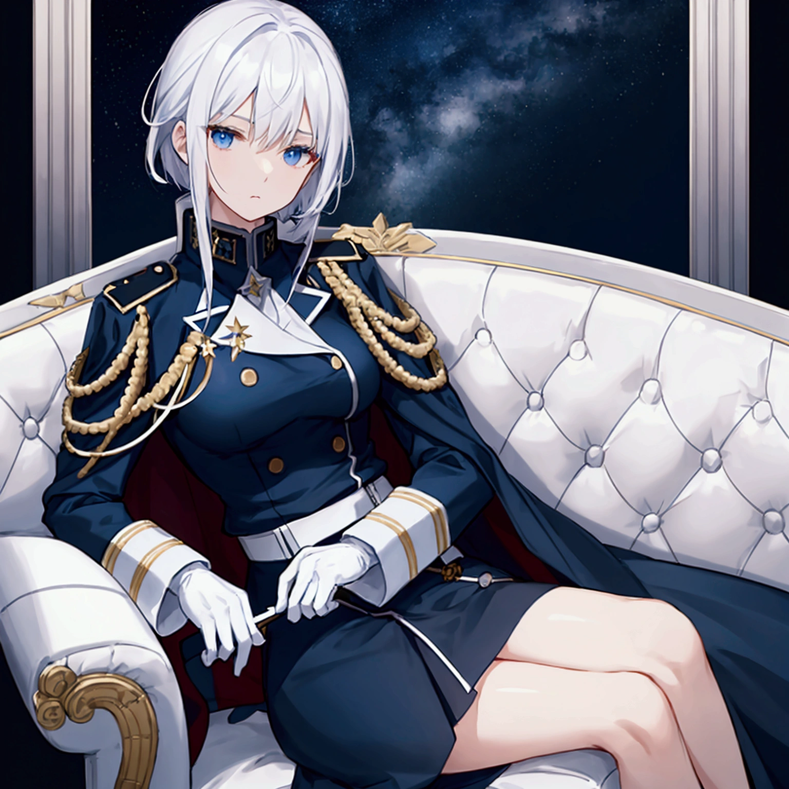 Night sky background, night time, Military uniform, dark blue uniform, white cape, white glove, 1woman, solo, white hair, high collar, tied hair, shining hair, medium-large breast, sitting on couch, facing viewer, arrogant,