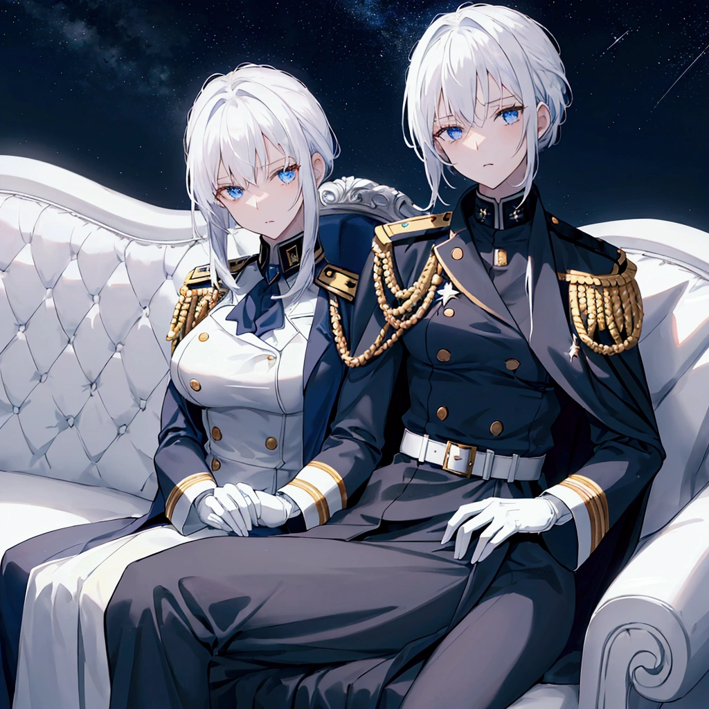 Night sky background, night time, Military uniform, dark blue uniform, white cape, white glove, 1woman, solo, white hair, high collar, tied hair, shining hair, medium-large breast, sitting on couch, facing viewer, arrogant,