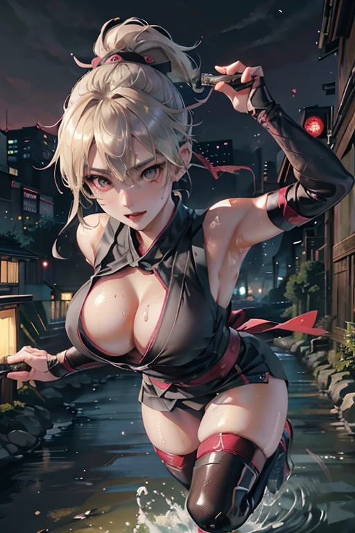 Highest quality,Ultra HD,Best AI Images, Full body photo,(beautiful face like a Japanese actress), ((Blonde 1.2)),((Sweaty)),Very detailed vfx portrait of, Female Ninja, Japanese kunoichi, cgsociety and Zhong Feng Hua, Covert behavior, Female Ninja, ((Scene of fighting with a short sword)),Scene of fighting with a short sword1.3,Portrait of a Japan woman, , Trending on deviantart, ((Gray short ninja costume 1.5)),((sexy kunoichi,Big Breasts)), Japanese spy, 3D Rendering, (Beautiful Face 1.5), Key Visual, Vibrant, (((Background of the river at night 1.5))), Very detailed, growing up,