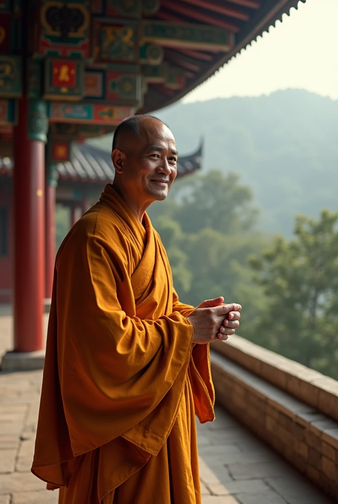 etailed photo of a temple monk,man, cinematic lighting, 8K, realistic, highly detailed architectural elements, ancient Chinese culture, intricate carving details, sense of design, warm colors, natural light, serene atmosphere, dramatic shadows, expansive panoramic views, culture of the Shaolin Temple, temple,trees, face front,light smile，close-up
