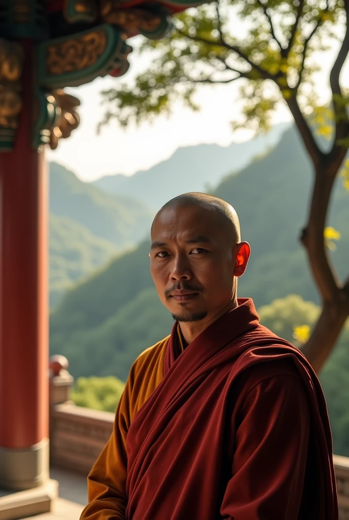 etailed photo of a temple monk,man, cinematic lighting, 8K, realistic, highly detailed architectural elements, ancient Chinese culture, intricate carving details, sense of design, warm colors, natural light, serene atmosphere, dramatic shadows, expansive panoramic views, culture of the Shaolin Temple, temple,trees, face front,light smile,close-up