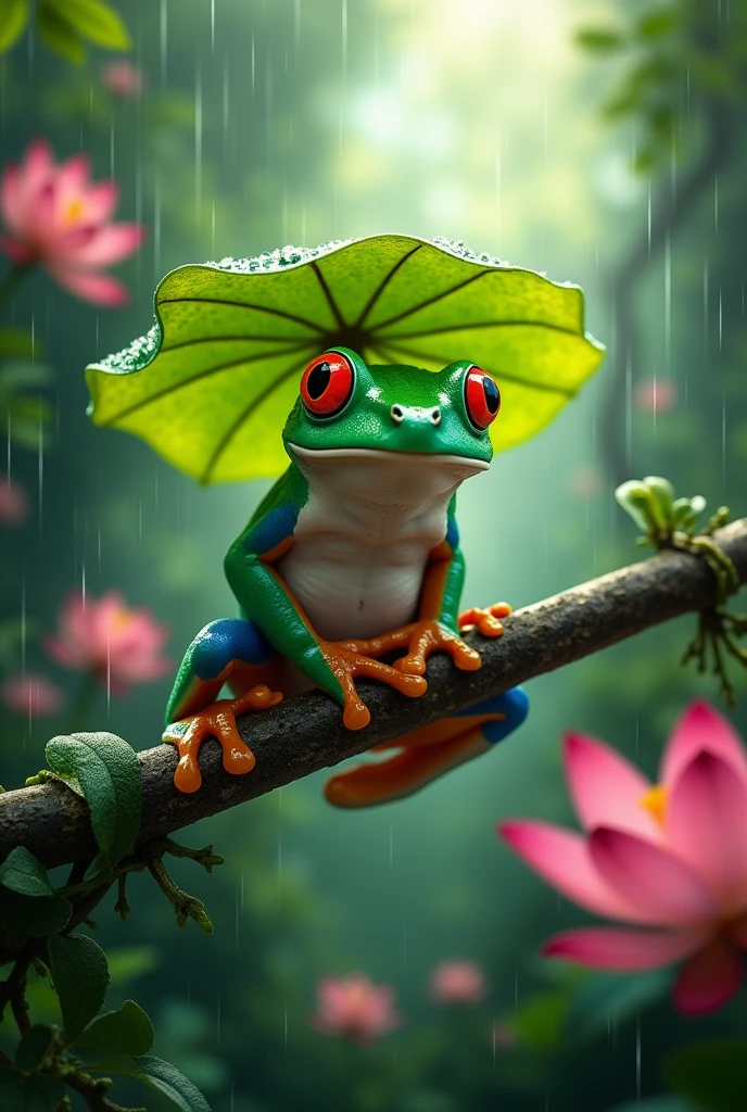On a branch in the rainforest,A fat green tree frog,Ultra-realistic,high resolution,Standing with a lotus leaf umbrella,letters on the screen,