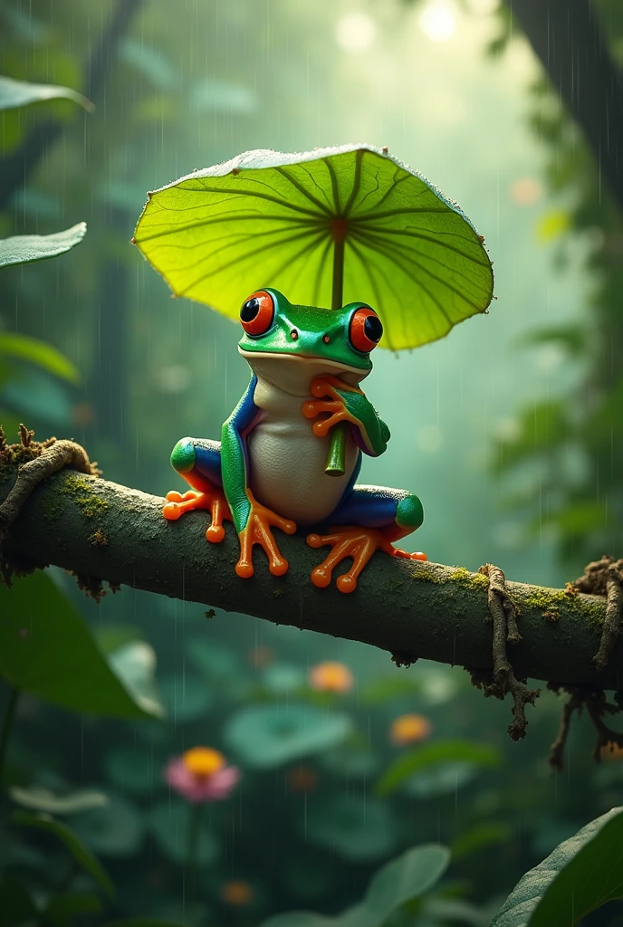 On a branch in the rainforest,A fat green tree frog,Ultra-realistic,high resolution,Standing with a lotus leaf umbrella,letters on the screen,