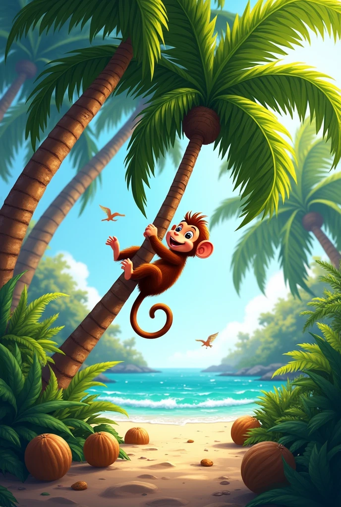 Monkey climbing coconut tree