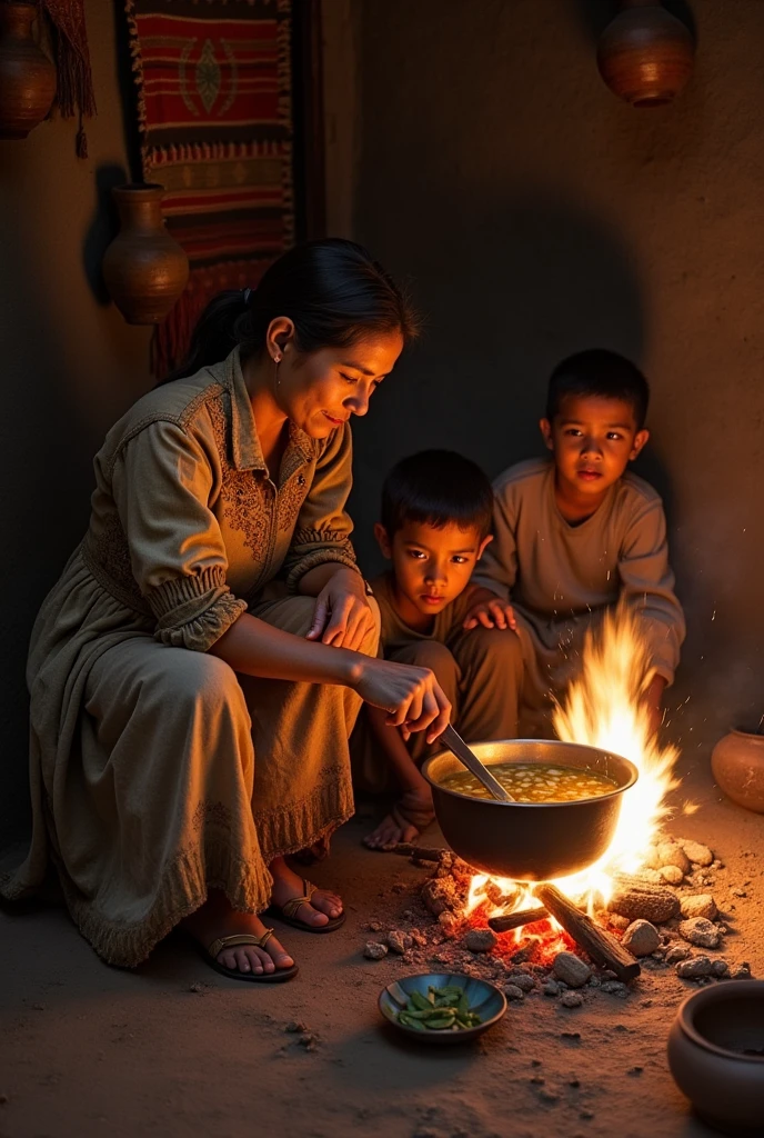 Poor Bolivian country lady giving soup to her children while the pot boils Showing love and poverty, They are in their clay kitchen stirring