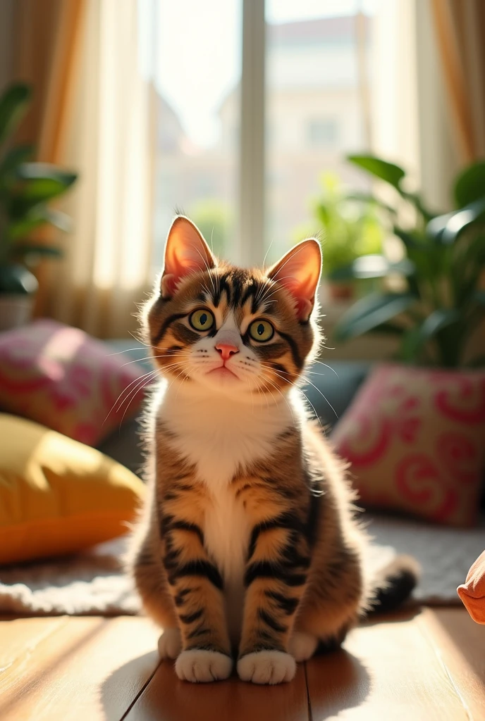 A cat with a crew cut, a brown and white cat with a crew cut