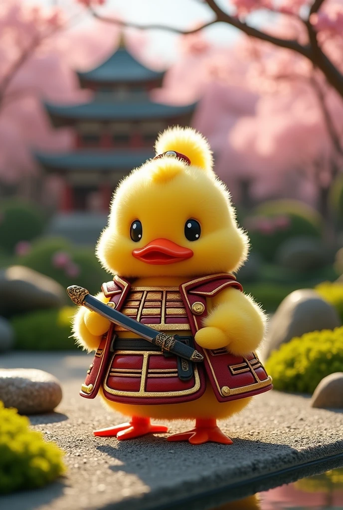 Yellow soft fur duck with pony tail hair wearing gold and red samurai costume holding japanese sword, zen garden background with japanese castle