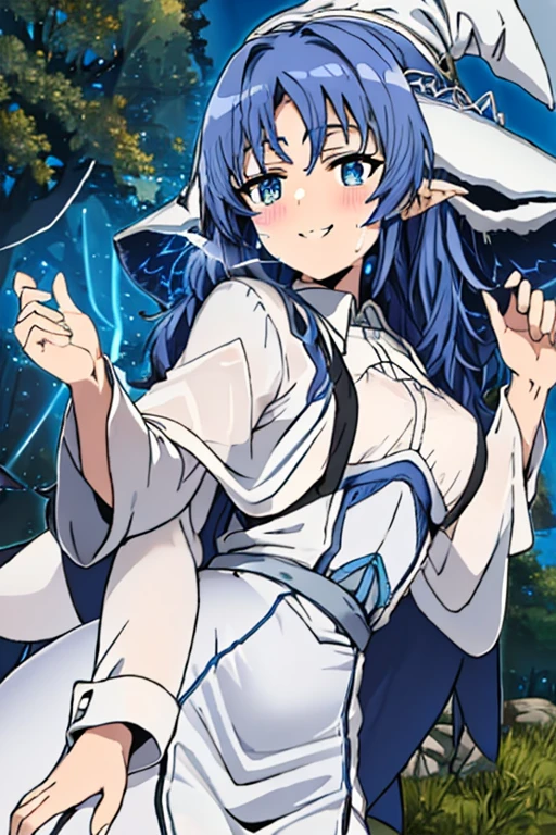 Ranni the witch (blue hair) lifting up her skirt (sheer white gown) and pinching her nipples (small breast) while resting at a site of grace (dark forest background) full face blushing while sweating a lot looking at viewer with horny smile