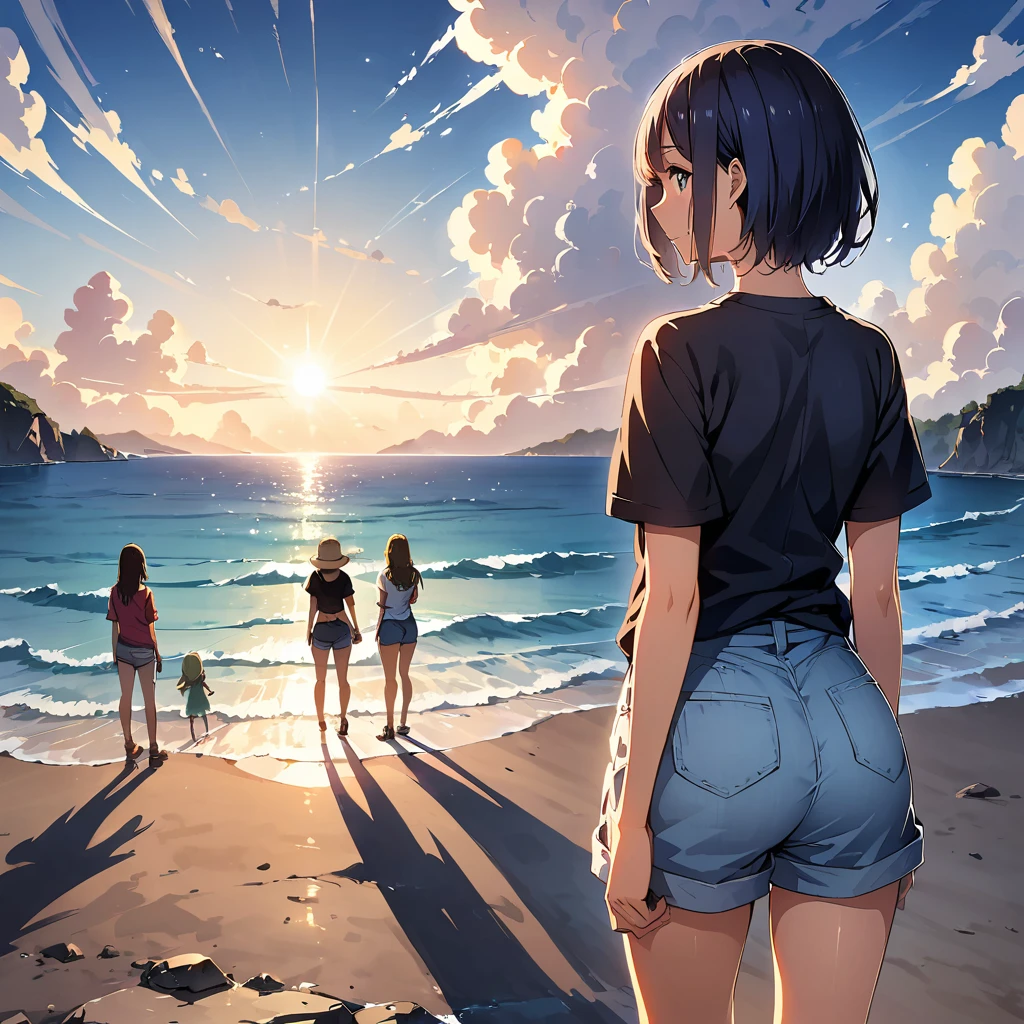 official art, unified 8k wallpaper, super detailed, masterpiece, Best image quality，super wide angle，((mid summer))，noon, (four slim girls are standing side by side:1.4), (standing far away:1.6), black t-shirt and jeans shorts, rock stars, Standing in the beach，(Backlit:1.6), water is like a mirror，reflecting the sky。look up to the sky，blue sky, white cloud，sunshine, Dynamic angle, grace, bright colors, from behind