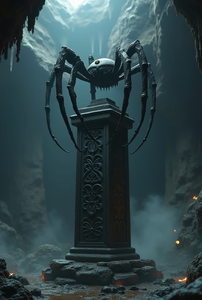 An ancient spider/crab statue in a pillar. It has only one eye, a human eye. It is made entirely of stone. It is dark. Very dark 