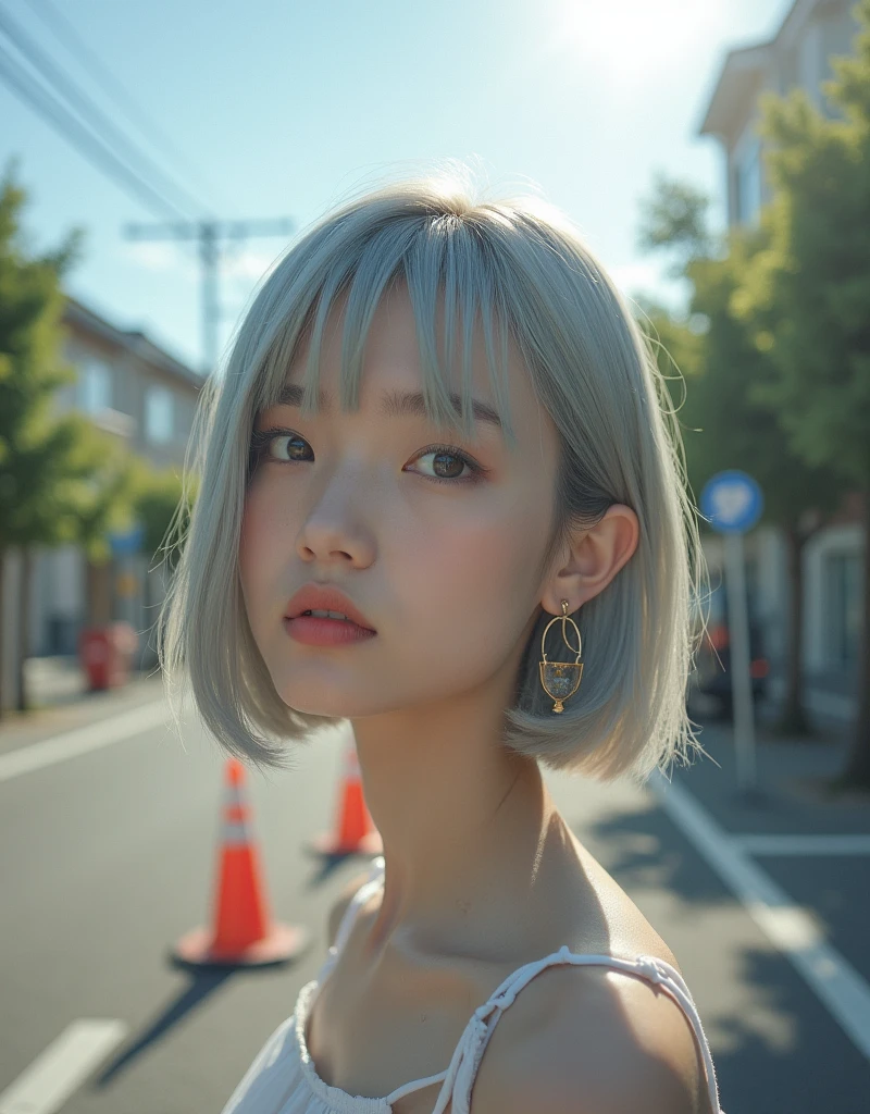 (RAW photo, best quality, masterpiece: 1.2), (photorealistic: 1.4), best lighting, 20 years old, (light gray hair, short bob cut, hair in 7 thirds, hair over one ear, Symmetrical eyes, fair skin, solo, Detailed Skin, Detailed Background:1.2), taken in a residential area in Japan, road signs, traffic cones, sun, glare, street trees,