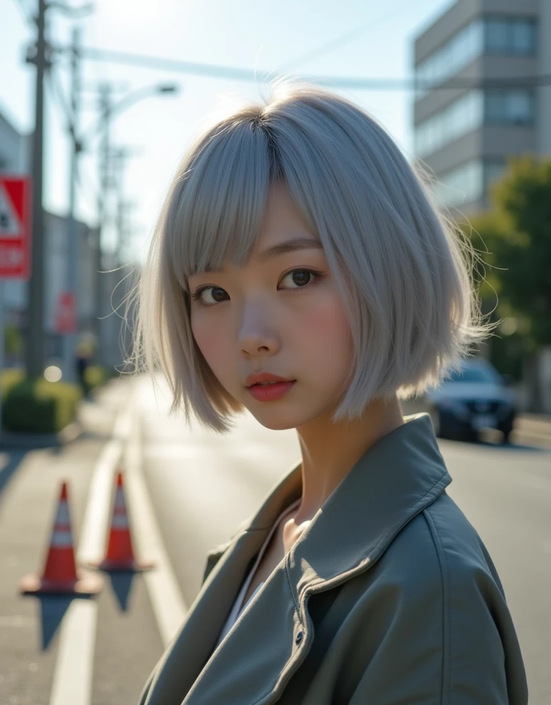 (RAW photo, best quality, masterpiece: 1.2), (photorealistic: 1.4), best lighting, 20 years old, (light gray hair, short bob cut, hair in 7 thirds, hair over one ear, Symmetrical eyes, fair skin, solo, Detailed Skin, Detailed Background:1.2), taken in a residential area in Japan, road signs, traffic cones, sun, glare, street trees,